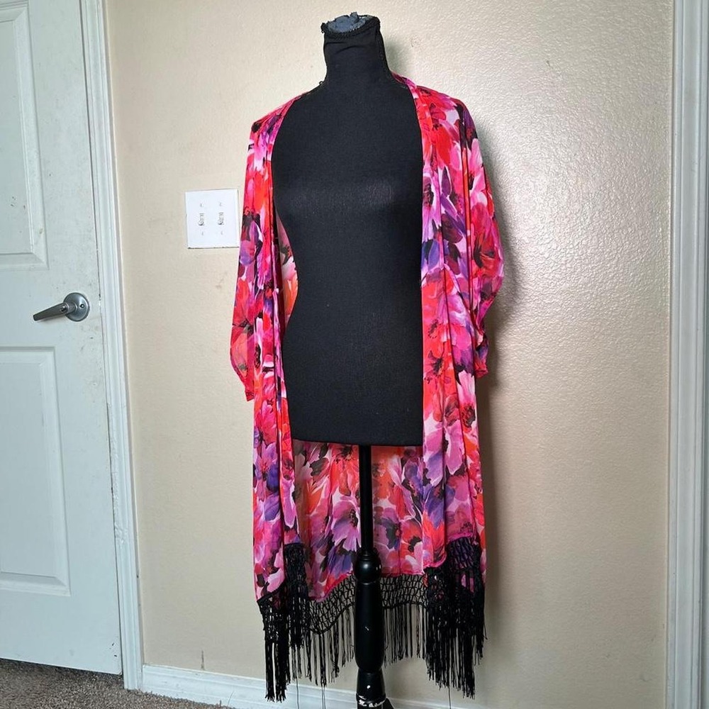 Catalina Women Boho Floral Fringe Hippie Kimono Duster Pink Purple Medium M 8-10